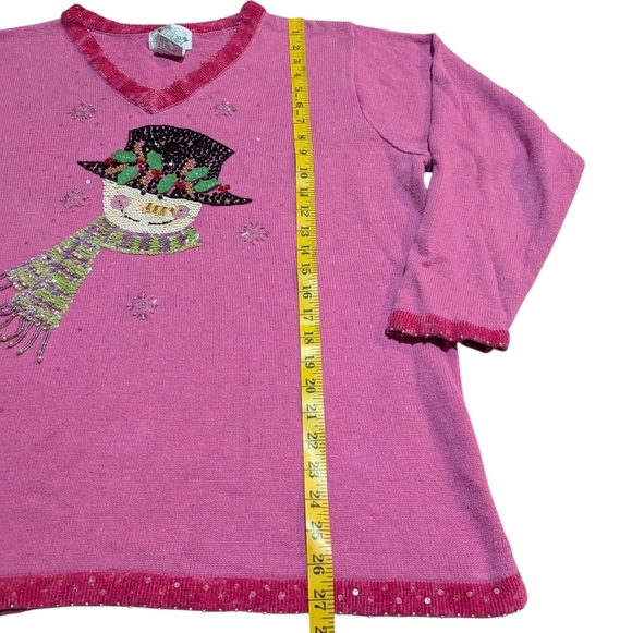 Quacker Factory Pink Beaded Embroidered Snowman 1X Ugly Christmas Sweater - Picture 4 of 6